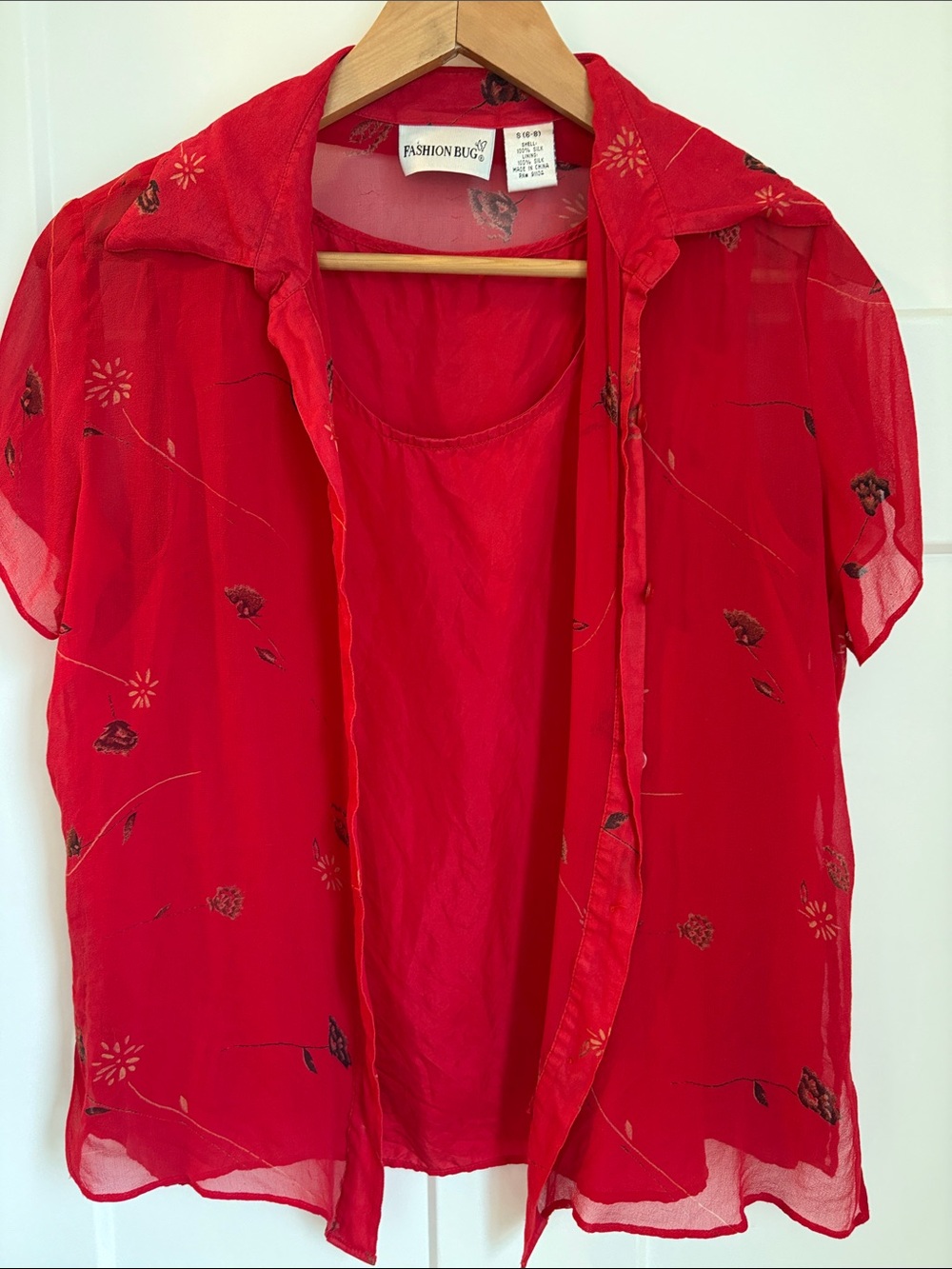 100% Silk Red Sheer Floral Button-Front Blouse with attached sheer top
